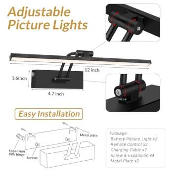 Elavika 2 Pack Picture Light Battery Operated for Wall, 12" Wireless Art Light with Remote, Rechargeable LED Lighting, Dimmable, Timer for Gallery Display Frame Painting, Black