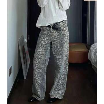 XPONNI Y2k Jeans Animal Print Y2k Pants Leopard Print Womens Baggy Wide Leg Jeans 2000s Mcbling Grun...
