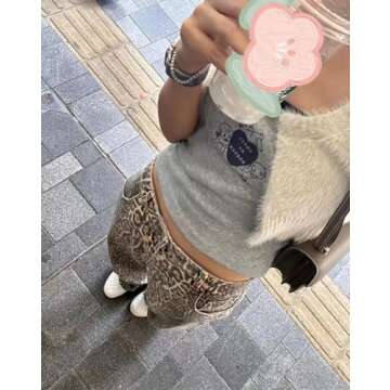 XPONNI Y2k Jeans Animal Print Y2k Pants Leopard Print Womens Baggy Wide Leg Jeans 2000s Mcbling Grunge Clothes (Style02,S,Small)