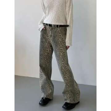 XPONNI Y2k Jeans Animal Print Y2k Pants Leopard Print Womens Baggy Wide Leg Jeans 2000s Mcbling Grunge Clothes (Style02,S,Small)