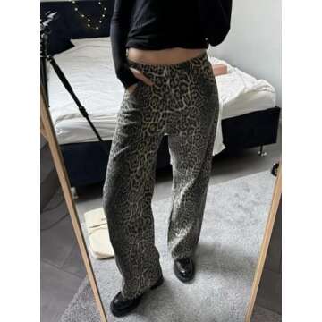 XPONNI Y2k Jeans Animal Print Y2k Pants Leopard Print Womens Baggy Wide Leg Jeans 2000s Mcbling Grunge Clothes (Style02,S,Small)