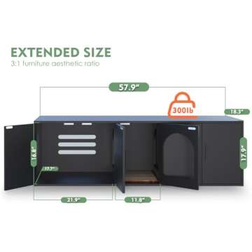 Amunrbrek Litter Box Enclosure for 2 Cats, Cat Litter Box Enclosure Furniture with Double Room, Wooden Litter Box Furniture with Cat Door, Black