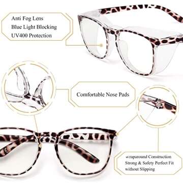 Mytreasure Anti Fog Safety Glasses Goggles for Women Men Blue Light Blocking Protective Glasses Oversize TR Square Frame(Tortoiseshell)