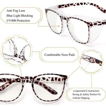 Mytreasure Anti Fog Safety Glasses Goggles for Women Men Blue Light Blocking Protective Glasses Oversize TR Square Frame(Tortoiseshell)