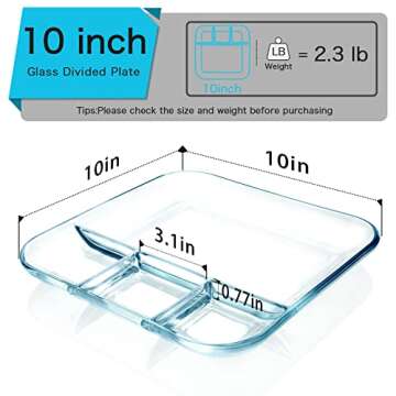 NUTRIUPS Glass Divided Plates 10inch, Square Glass Portion Control Plates for Adults, Divided Diet P...