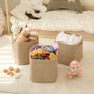 OIAHOMY Storage Cubes 11 Inch Storage Bins-3-Pack, Cotton Rope Woven Baskets for Organizing, Square Storage Baskets for Shelves Organizer, Classroom, Kids Toy Bins, Closet, Baby Nursery-Brown