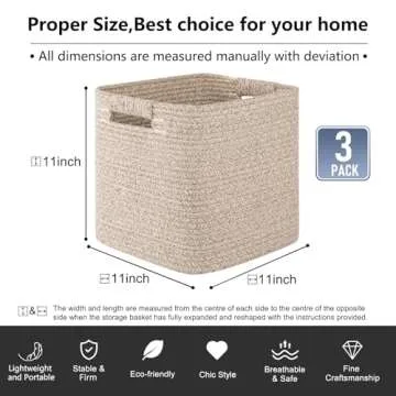 OIAHOMY Storage Cubes 11 Inch Storage Bins-3-Pack, Cotton Rope Woven Baskets for Organizing, Square Storage Baskets for Shelves Organizer, Classroom, Kids Toy Bins, Closet, Baby Nursery-Brown