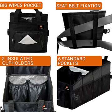 Easy-to-Reach Kids Car Organizer with Tissue Box and Cup Holder for Back Seat, Front Seat, Between Seats, Floor - Tote Car Storage Organization for Toddlers - Kids Road Trip Travel Essentials (Black)