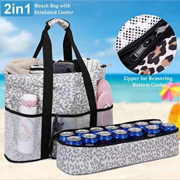 JIANYA Beach Bag Women Waterproof Sandproof Beach Tote Bags with Cooler Top Zipper Large Totes for B...