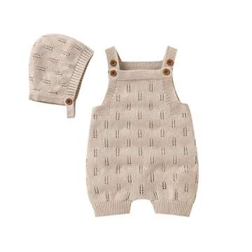LAWKUL Baby Knit Romper Sleeveless 100% Cotton Jumpsuit with Hat Newborn Outfits Overall Bodysuit On...