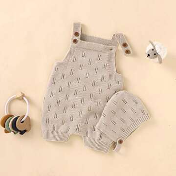 LAWKUL Baby Knit Romper Sleeveless 100% Cotton Jumpsuit with Hat Newborn Outfits Overall Bodysuit One Piece 2pcs Beige 0-6M