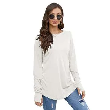 Fisoew Women's Casual Long Sleeve Tops Crew Neck Round Hem Loose T-Shirts Tunic Tops with Thumb Holes White