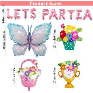 49 Pieces LET'S PAR TEA Balloons Decorations Girls Floral Tea Party Birthday Decor Flower Basket Butterfly Balloons Macaron colored Latex Balloons for Girls Birthday Baby Shower Bridal Party Supplies
