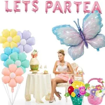 49 Pieces LET'S PAR TEA Balloons Decorations Girls Floral Tea Party Birthday Decor Flower Basket Butterfly Balloons Macaron colored Latex Balloons for Girls Birthday Baby Shower Bridal Party Supplies