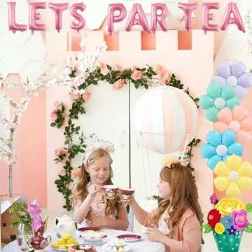 49 Pieces LET'S PAR TEA Balloons Decorations Girls Floral Tea Party Birthday Decor Flower Basket Butterfly Balloons Macaron colored Latex Balloons for Girls Birthday Baby Shower Bridal Party Supplies