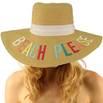 Fun Verbiage Elegant Wide Brim 4" Summer Derby Beach Pool Floppy Dress Sun Hat Beach Please, Natural...