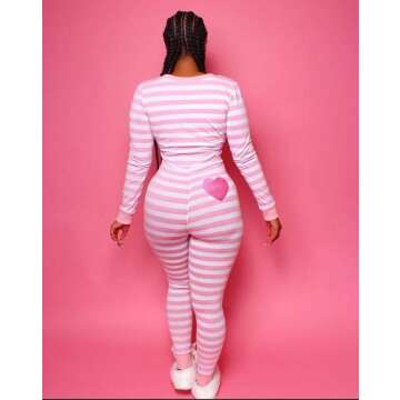 Women's Striped One Piece Pajamas Valentine Jumpsuit Heart Sleepwear Holiday Rompers Clubwear Nightwear(B-Pink Stripe, XL)