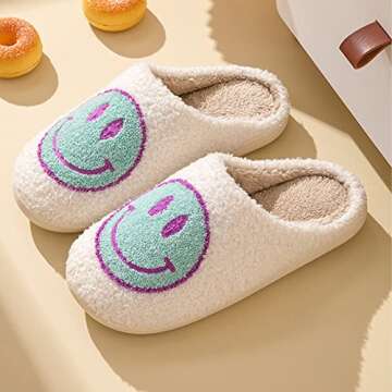 Bevaney Smile Face Slippers for Women, Soft Plush Smile Slippers Retro Preppy Slippers with Smile Fa...