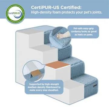 Lesure Dog Stairs for Small Dogs and Cats Foldable Pet Steps for High Beds and Couch with CertiPUR-US Certified Foam and Non-Slip Bottom, Blue, 3 Steps