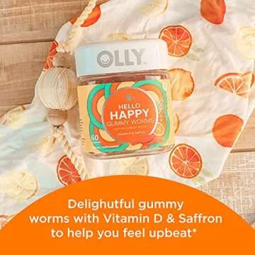 OLLY Hello Happy Gummy Worms, Mood Balance Support, Vitamin D, Saffron, Adult Chewable Supplement, Tropical Zing - 60 Count