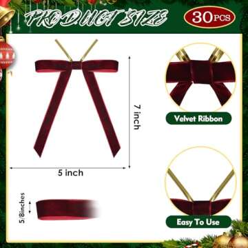 30 Pcs Christmas Velvet Wreath Bow, 5 x 7 Inch Vintage Velvet Ribbon Bows Rustic Crafts Gift Bows fo...
