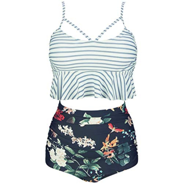 COCOSHIP Slategray White Striped & Bird Floral Falbala High Waist Bikini Set Crisscross Hollow Out S...