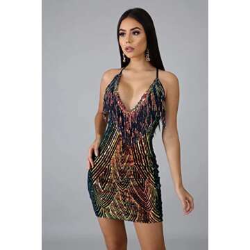 WUSENST Women's Sexy Bodycon Party Mini Dress Deep V Neck Sequin Backless Spaghetti Straps Clubwear