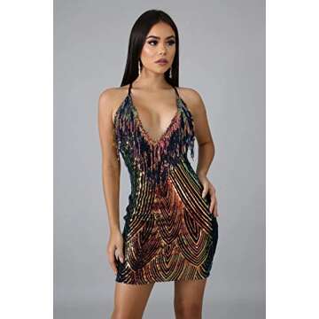 WUSENST Women's Sexy Bodycon Party Mini Dress Deep V Neck Sequin Backless Spaghetti Straps Clubwear