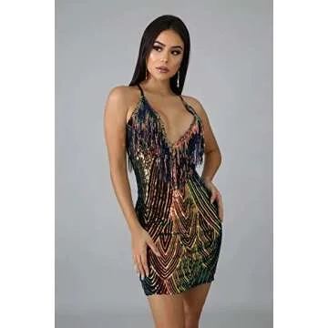WUSENST Women's Sexy Bodycon Party Mini Dress Deep V Neck Sequin Backless Spaghetti Straps Clubwear