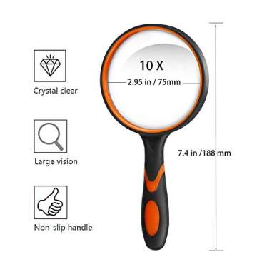SNOMEL Magnifying Glass 10X, Handheld Reading Magnifier with Non-Slip Soft Rubber Handle, 75mm Magnifying Lens, Shatterproof Magnifying mirror Reading Books, Inspection, Insects(Green/Orange)