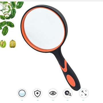 SNOMEL Magnifying Glass 10X, Handheld Reading Magnifier with Non-Slip Soft Rubber Handle, 75mm Magnifying Lens, Shatterproof Magnifying mirror Reading Books, Inspection, Insects(Green/Orange)
