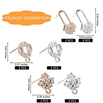 BEEFLYING 12Pcs Gold Plated leaf Cubic Zirconia Earring Studs Platinum U-shape Tassel Rhinestone Bra...