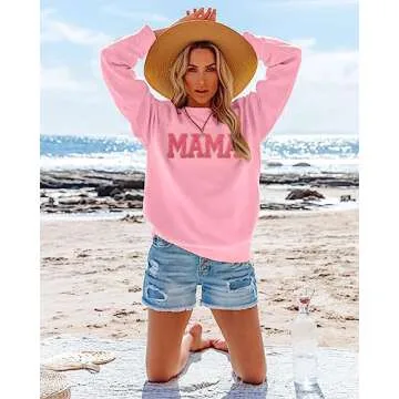 SUPEYA Mama Sweatshirt Womens Glitter Patch MAMA Shirt Mama Letter Print Long Sleeve Loose Fashion Pullover Top Pink