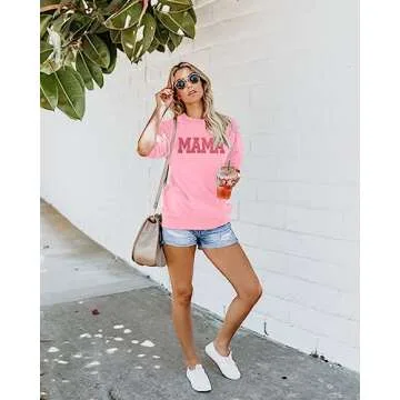 SUPEYA Mama Sweatshirt Womens Glitter Patch MAMA Shirt Mama Letter Print Long Sleeve Loose Fashion Pullover Top Pink