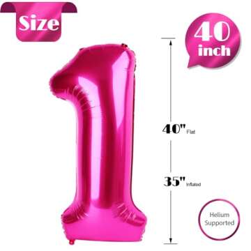 40 Inch Hot Pink 1 Balloon for First Birthday, 1st Number Balloons Birthday Decorations for Girl Kids Toddler Baby, One Giant Number 1 Balloon