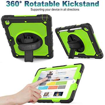 SEYMAC stock Case for iPad 9th/ 8th/ 7th Generation 10.2'', Shockproof with Screen Protector, Pencil Holder [360° Rotating Hand Strap] & Stand, for iPad 10.2 inch 2021-2019 (Green+Black)