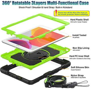 SEYMAC stock Case for iPad 9th/ 8th/ 7th Generation 10.2'', Shockproof with Screen Protector, Pencil Holder [360° Rotating Hand Strap] & Stand, for iPad 10.2 inch 2021-2019 (Green+Black)