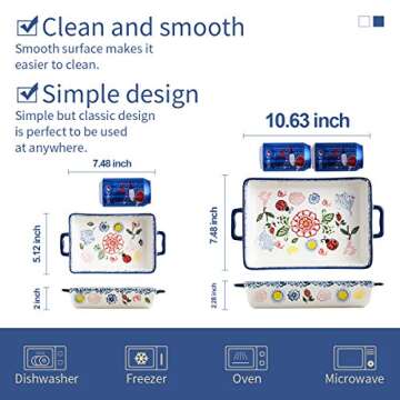 BFU Ceramic Baking Dish Rectangular Bakeware Set Baking Pan, 2-Piece Stoneware Hand-Painted Lasagna Pan for Cooking, Cake dinner (Blue, 10.63"L x 7.48"W x 2.28"H)