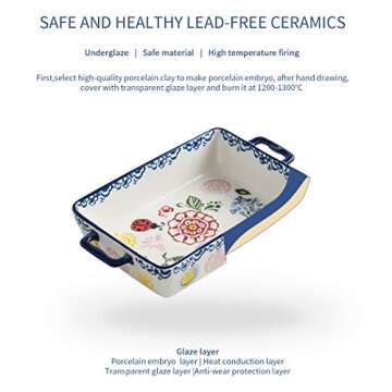 BFU Ceramic Baking Dish Rectangular Bakeware Set Baking Pan, 2-Piece Stoneware Hand-Painted Lasagna Pan for Cooking, Cake dinner (Blue, 10.63"L x 7.48"W x 2.28"H)