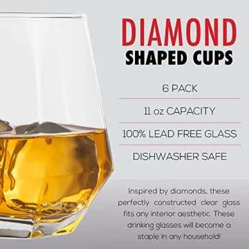 Diamond Whiskey Glasses - Stemless Wine Glass Set of 6- Geometric Tilting Design- Rolling Whiskey Gl...