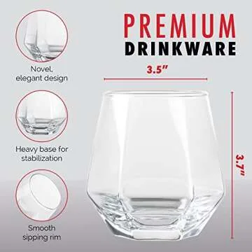 Diamond Whiskey Glasses - Stemless Wine Glass Set of 6- Geometric Tilting Design- Rolling Whiskey Glasses -Stem Less Anti Rocking Cup Diamonds Shaped Tilted Glassware Drinking Tumblers for Wiskey/Wine