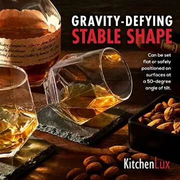 Diamond Whiskey Glasses - Stemless Wine Glass Set of 6- Geometric Tilting Design- Rolling Whiskey Glasses -Stem Less Anti Rocking Cup Diamonds Shaped Tilted Glassware Drinking Tumblers for Wiskey/Wine