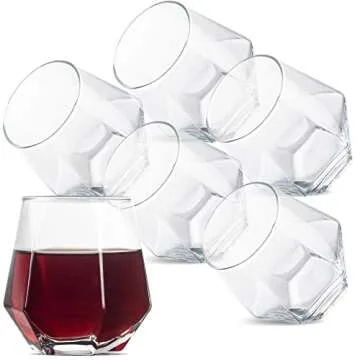 Diamond Whiskey Glasses - Stemless Wine Glass Set of 6- Geometric Tilting Design- Rolling Whiskey Glasses -Stem Less Anti Rocking Cup Diamonds Shaped Tilted Glassware Drinking Tumblers for Wiskey/Wine
