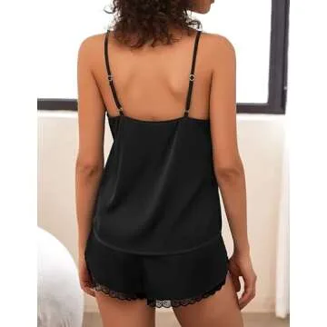 Ekouaer Pajama Sets For Women 2 Piece Silk Lingerie Sleepwear Satin Cami Pj Shorts Set Soft Nightwear Black L
