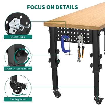 YITAHOME Adjustable Workbench 60" L X 24" W Work Bench for Garage W/Pegboard & Power Outlets Heavy-Duty Workstation, 1600 LBS Load Capacity with Wheels for Workshop, Office, Home Outdoor