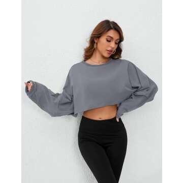 MISSACTIVER Women’s Vintage Oversized Long Sleeve Crop T-Shirt Loose Fit Drop Shoulder Crew Neck C...