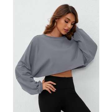 MISSACTIVER Women’s Vintage Oversized Long Sleeve Crop T-Shirt Loose Fit Drop Shoulder Crew Neck Cropped Tee Tops Pullover Grey