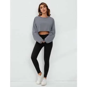 MISSACTIVER Women’s Vintage Oversized Long Sleeve Crop T-Shirt Loose Fit Drop Shoulder Crew Neck Cropped Tee Tops Pullover Grey