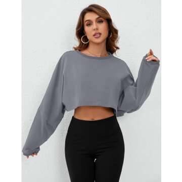 MISSACTIVER Women’s Vintage Oversized Long Sleeve Crop T-Shirt Loose Fit Drop Shoulder Crew Neck Cropped Tee Tops Pullover Grey