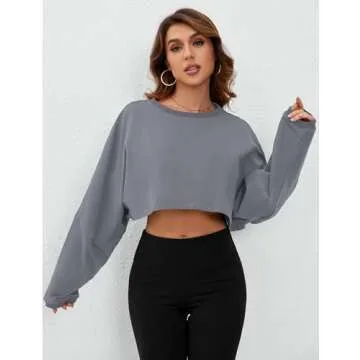 MISSACTIVER Women’s Vintage Oversized Long Sleeve Crop T-Shirt Loose Fit Drop Shoulder Crew Neck Cropped Tee Tops Pullover Grey